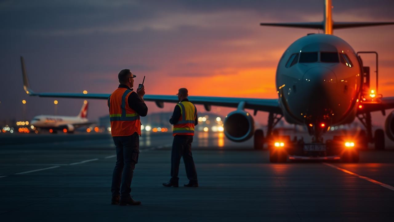 Airport ground crew coordinating aircraft pushback by radio at dusk