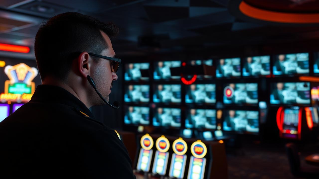 Casino security officer monitoring surveillance feeds with a radio earpiece