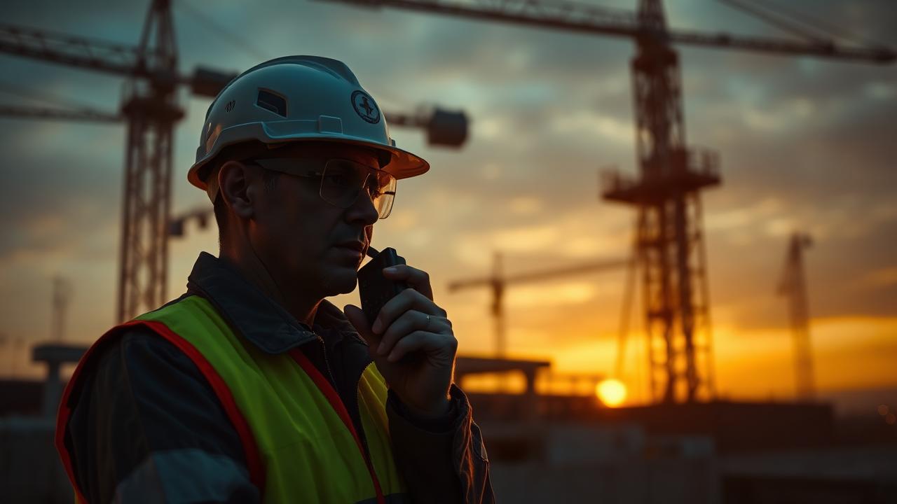 Construction site supervisor speaking into a two-way radio at dusk