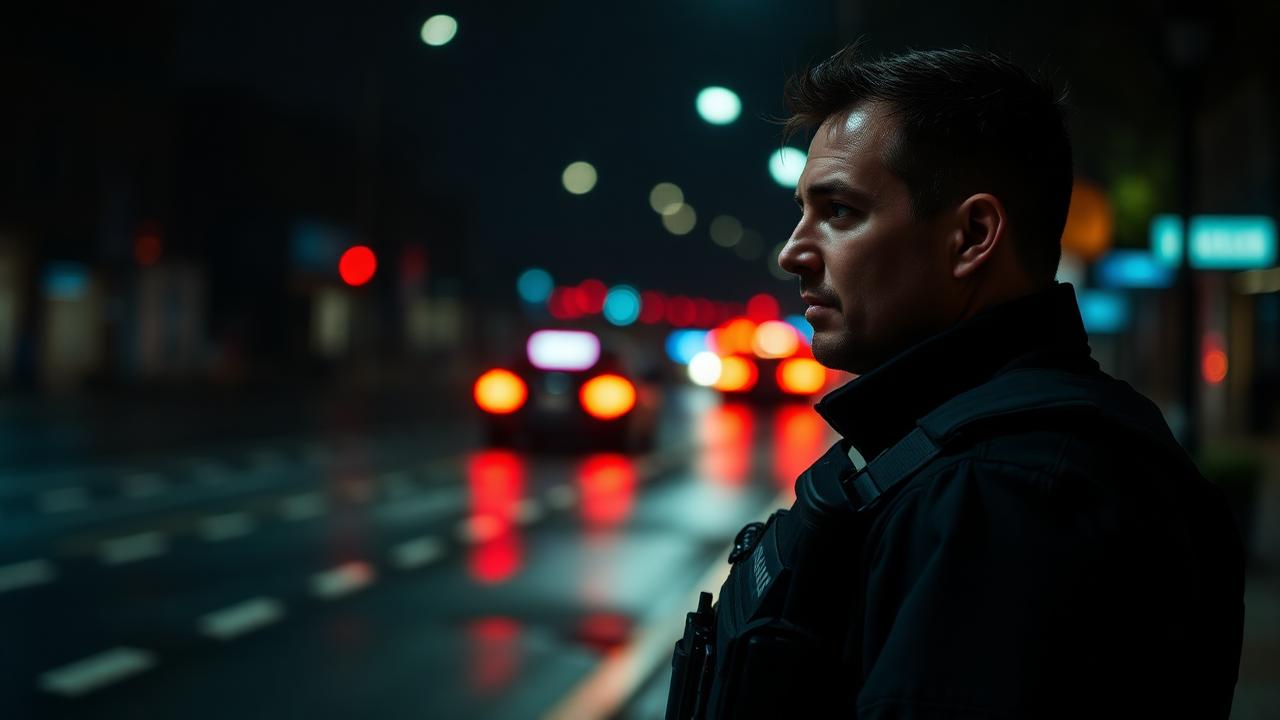 Police officer on a shoulder radio during night field operations