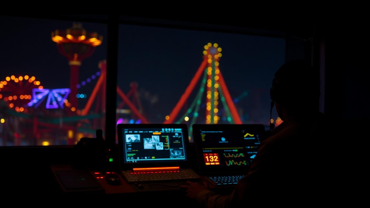 Theme park ride control room operator monitoring attraction systems at night
