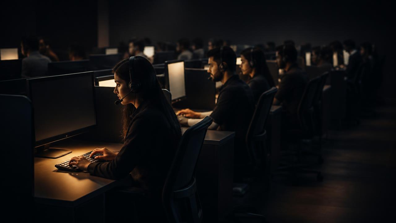 Regulated call center floor with agents on headsets at night