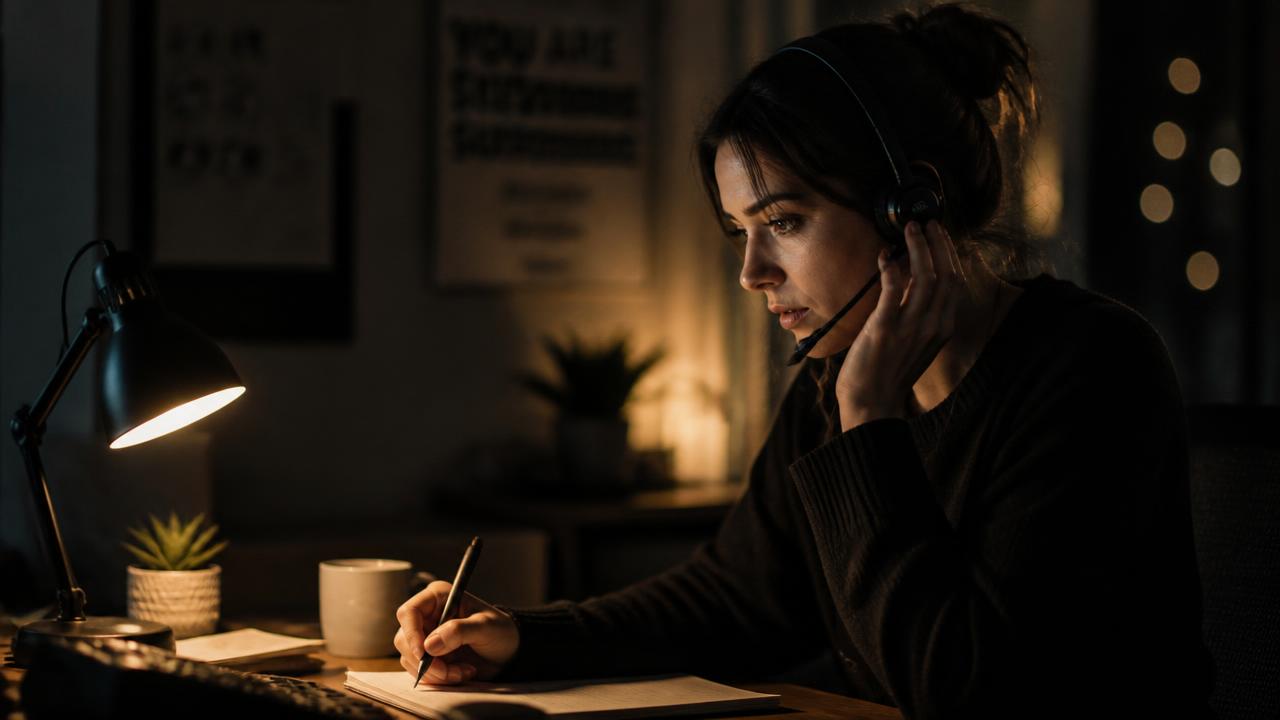 Crisis hotline counselor on a headset at a quiet desk at night