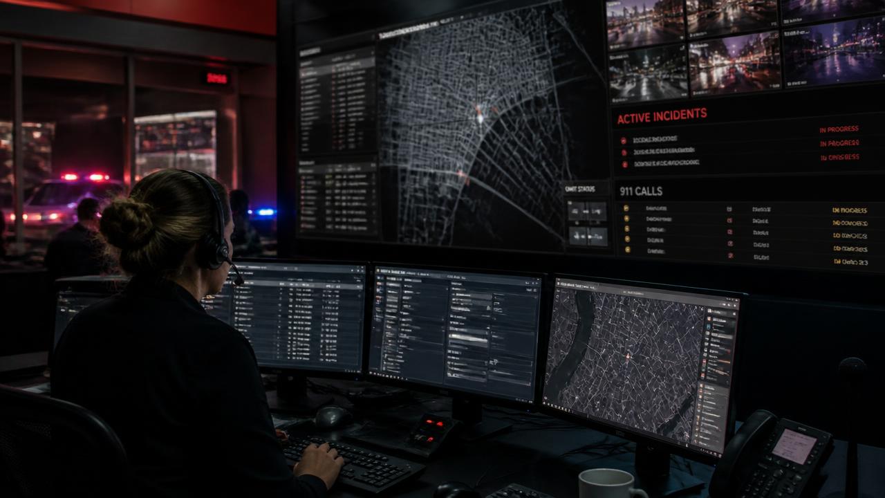 911 emergency dispatch center with live incident maps