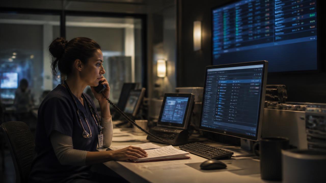 Nurse coordinating patient care by phone in a hospital command center