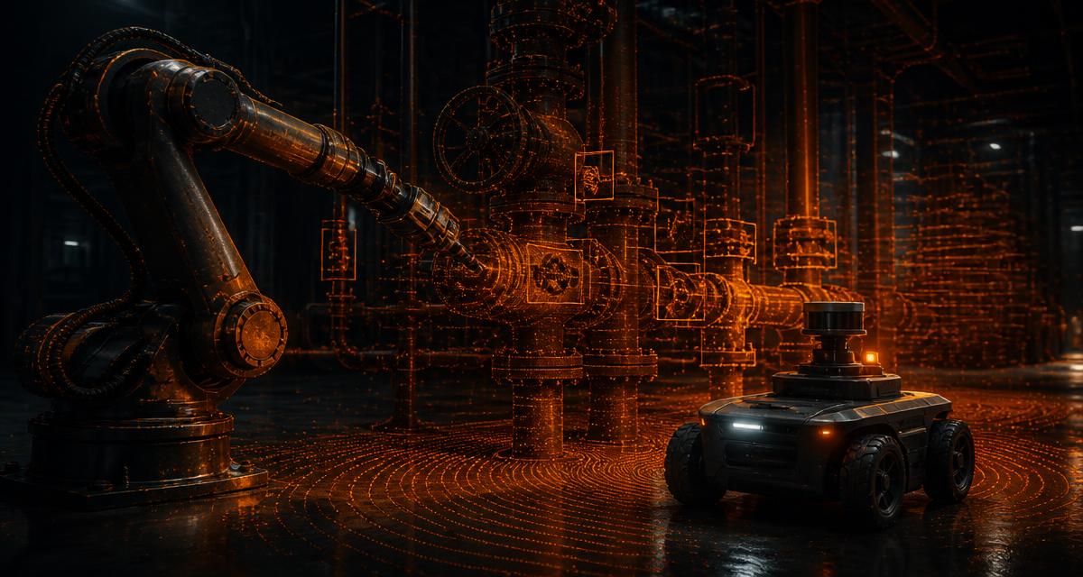 Robot arm and autonomous inspection vehicle in an industrial facility with LiDAR point-cloud and object-detection overlays